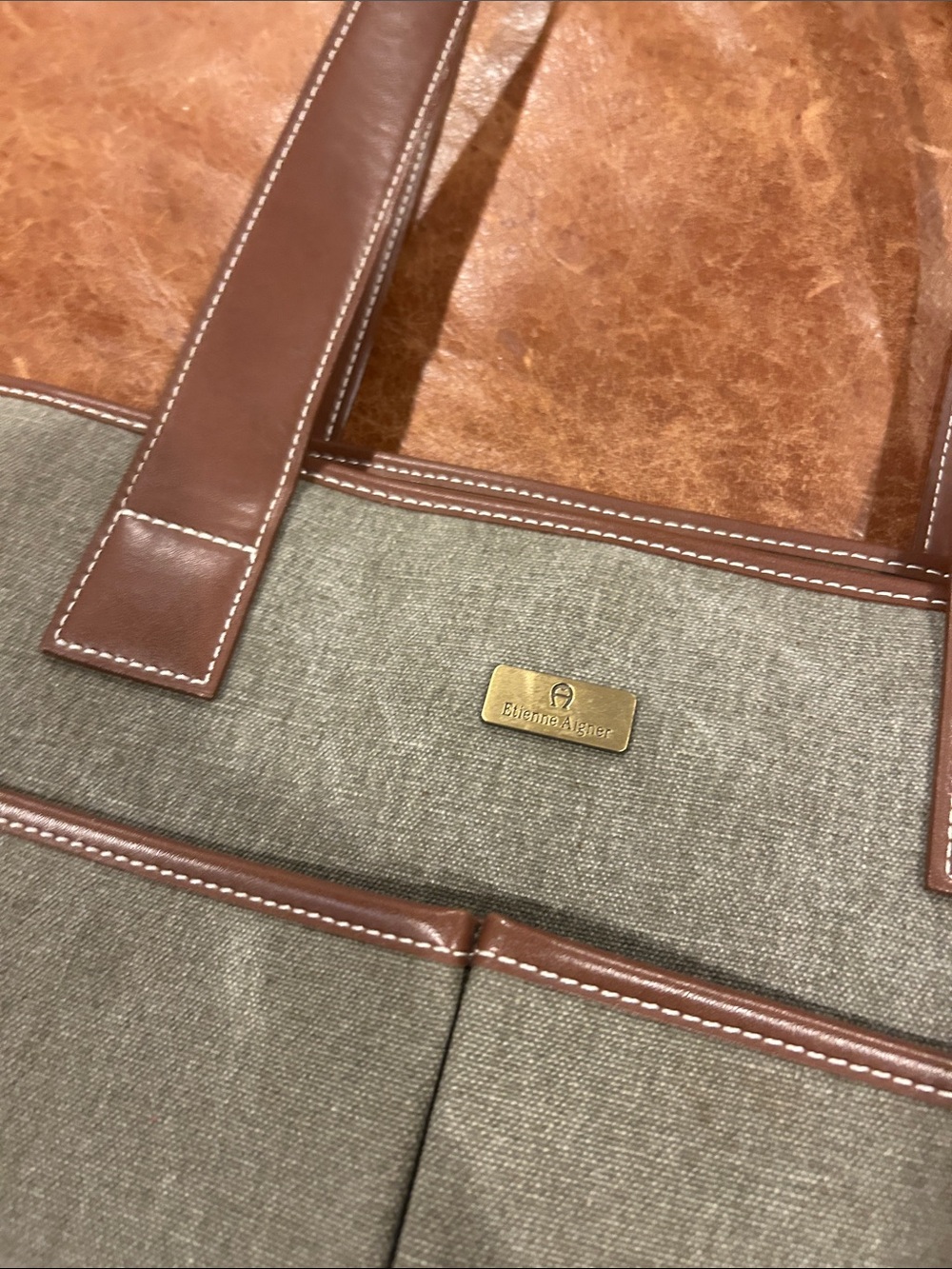 Etienne Aigner Olive Canvas Messenger Tote with Brown Leather Trim - Picture 2 of 8